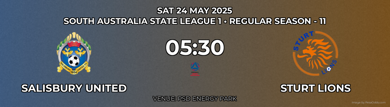 Salisbury United vs Sturt Lions Prediction match poster for South Australia State League 1 fixture on SAT 24 MAY 2025