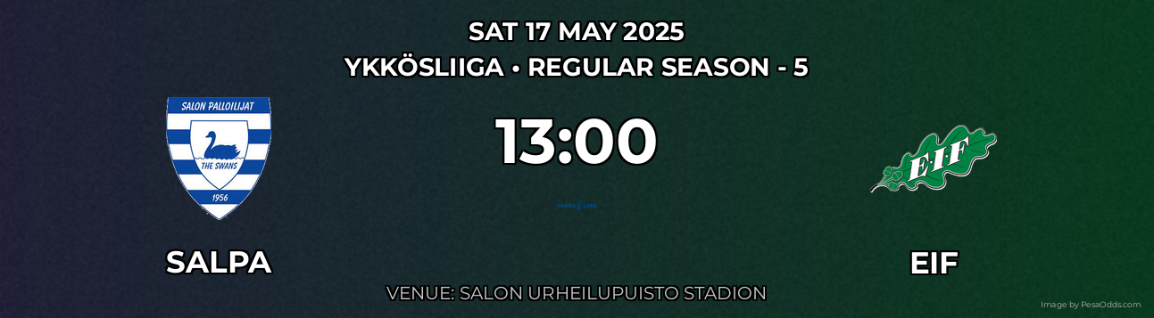 SalPa vs EIF Prediction match poster for Ykkösliiga fixture on SAT 17 MAY 2025