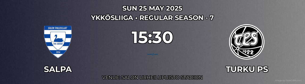 SalPa vs Turku PS Prediction match poster for Ykkösliiga fixture on SUN 25 MAY 2025