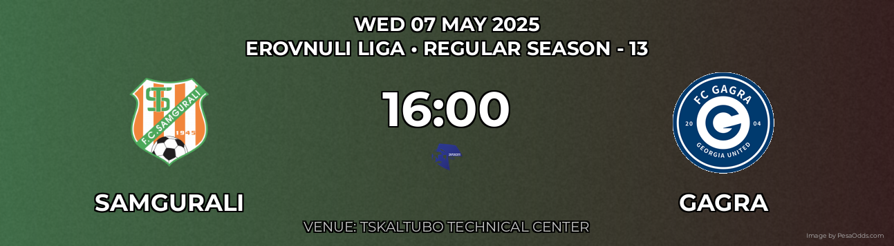 Samgurali vs Gagra Prediction match poster for Erovnuli Liga fixture on WED 07 MAY 2025