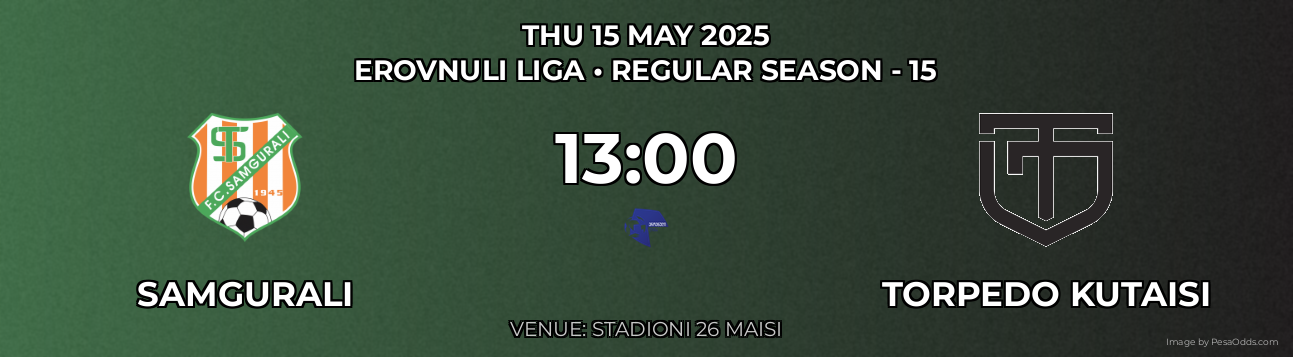 Samgurali vs Torpedo Kutaisi Prediction match poster for Erovnuli Liga fixture on THU 15 MAY 2025