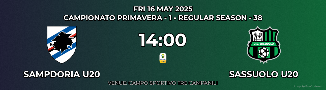 Sampdoria U20 vs Sassuolo U20 Prediction match poster for Campionato Primavera - 1 fixture on FRI 16 MAY 2025