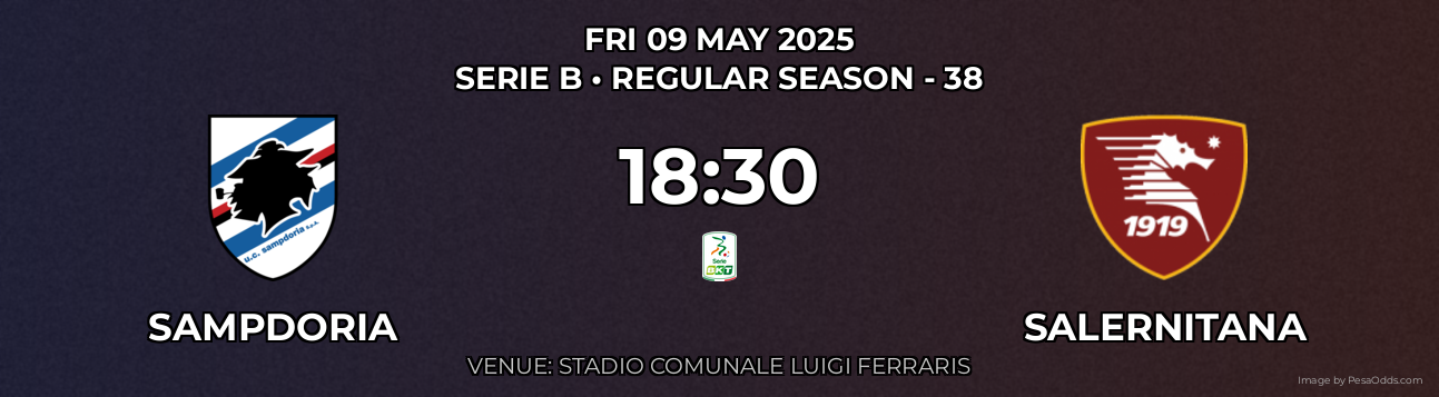 Sampdoria vs Salernitana Prediction match poster for Serie B fixture on FRI 09 MAY 2025