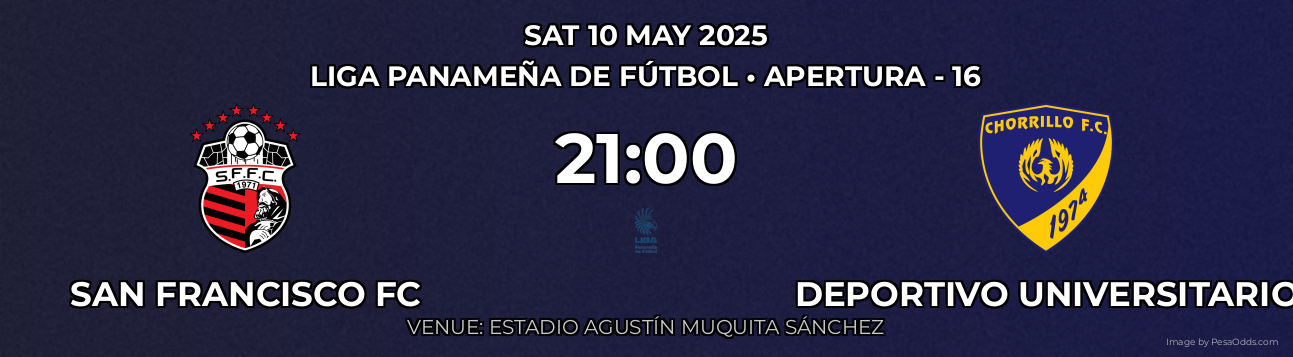 San Francisco FC vs Deportivo Universitario Prediction match poster for Liga Panameña de Fútbol fixture on SAT 10 MAY 2025