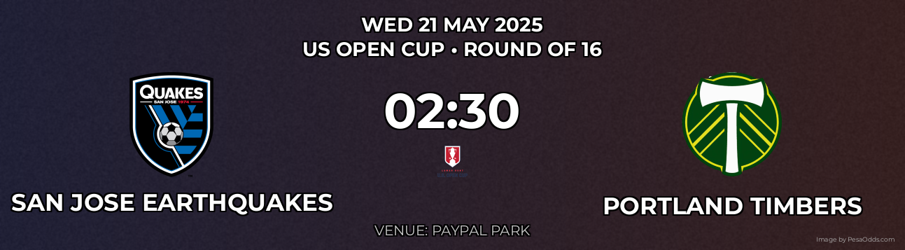 San Jose Earthquakes vs Portland Timbers Prediction match poster for US Open Cup fixture on WED 21 MAY 2025