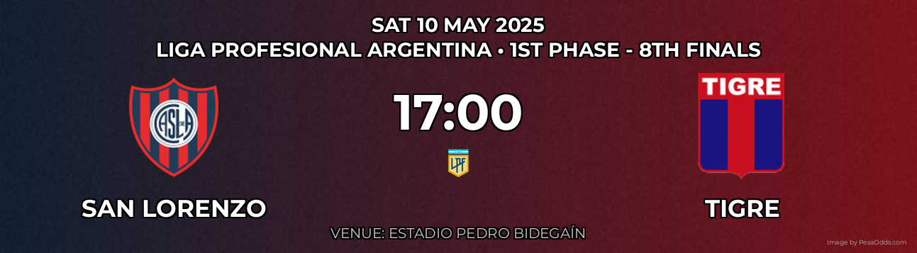 San Lorenzo vs Tigre Prediction match poster for Liga Profesional Argentina fixture on SAT 10 MAY 2025