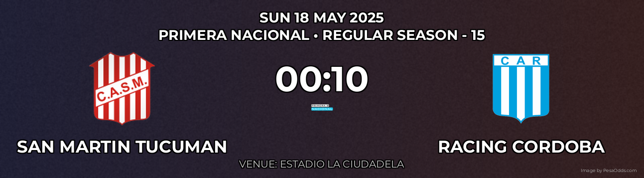 San Martin Tucuman vs Racing Cordoba Prediction match poster for Primera Nacional fixture on SUN 18 MAY 2025