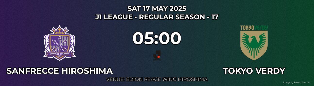 Sanfrecce Hiroshima vs Tokyo Verdy Prediction match poster for J1 League fixture on SAT 17 MAY 2025