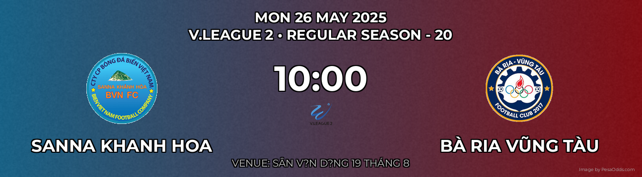 Sanna Khanh Hoa vs Bà Ria Vũng Tàu Prediction match poster for V.League 2 fixture on MON 26 MAY 2025