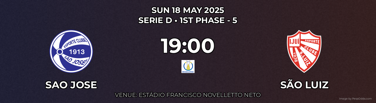 Sao Jose vs São Luiz Prediction match poster for Serie D fixture on SUN 18 MAY 2025