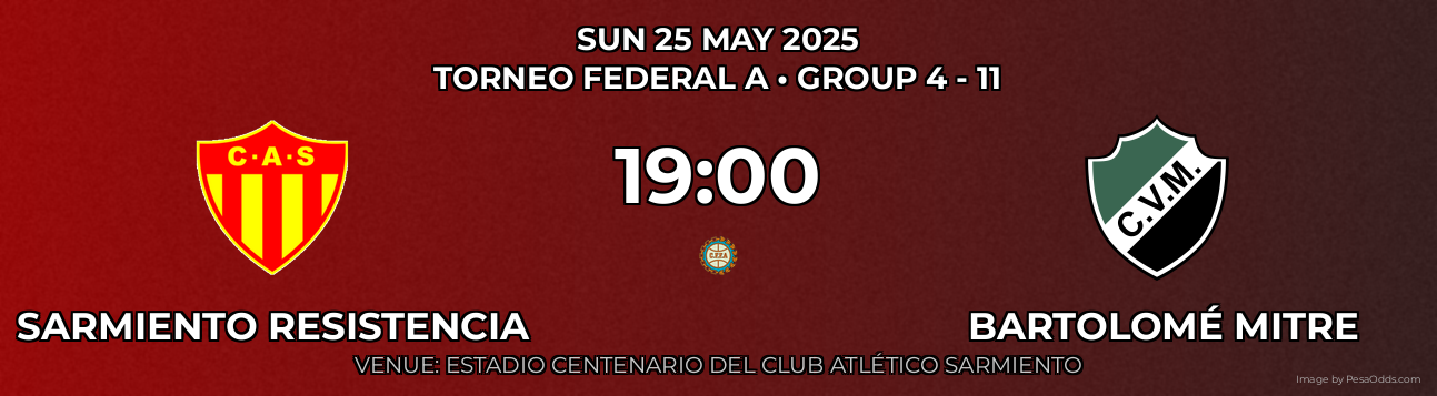 Sarmiento Resistencia vs Bartolomé Mitre Prediction match poster for Torneo Federal A fixture on SUN 25 MAY 2025