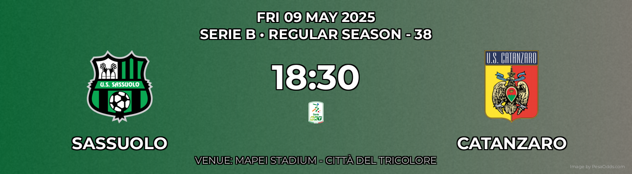 Sassuolo vs Catanzaro Prediction match poster for Serie B fixture on FRI 09 MAY 2025