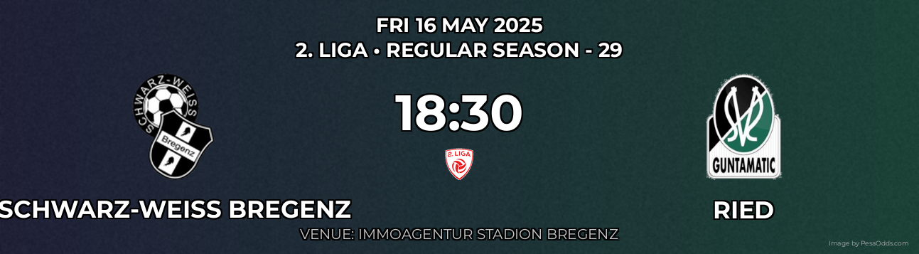 Schwarz-Weiß Bregenz vs Ried Prediction match poster for 2. Liga fixture on FRI 16 MAY 2025