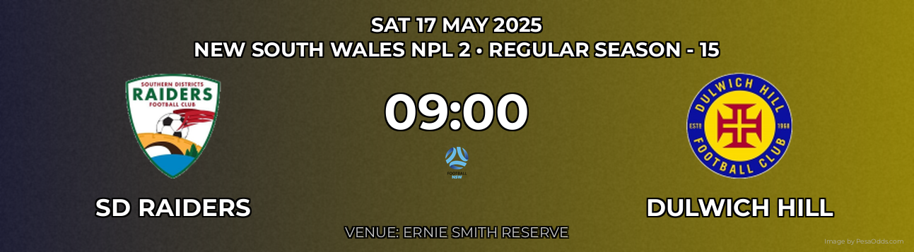 SD Raiders vs Dulwich Hill Prediction match poster for New South Wales NPL 2 fixture on SAT 17 MAY 2025