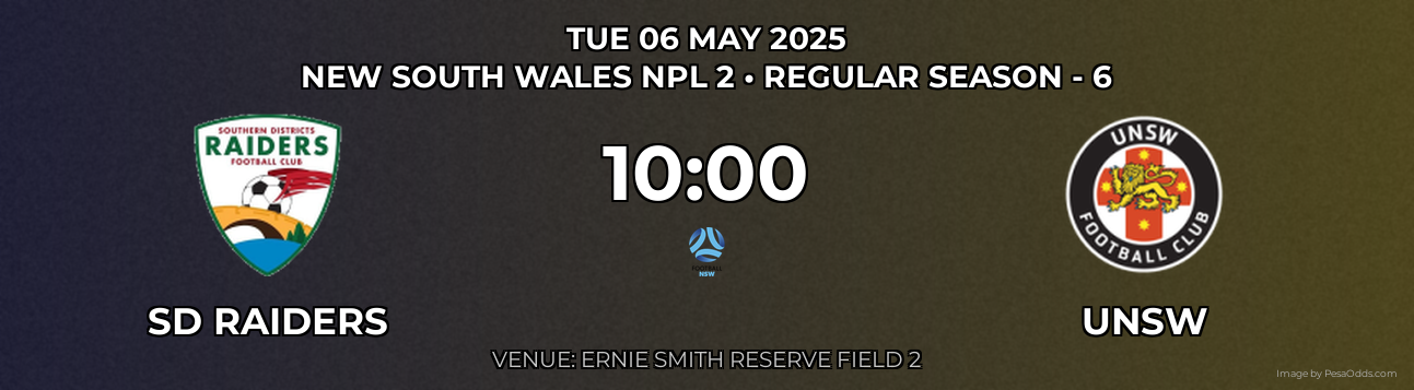 SD Raiders vs UNSW Prediction match poster for New South Wales NPL 2 fixture on TUE 06 MAY 2025