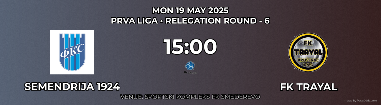 Semendrija 1924 vs FK Trayal Prediction match poster for Prva Liga fixture on MON 19 MAY 2025