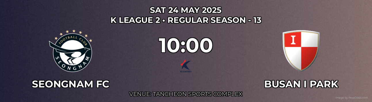Seongnam FC vs Busan I Park Prediction match poster for K League 2 fixture on SAT 24 MAY 2025