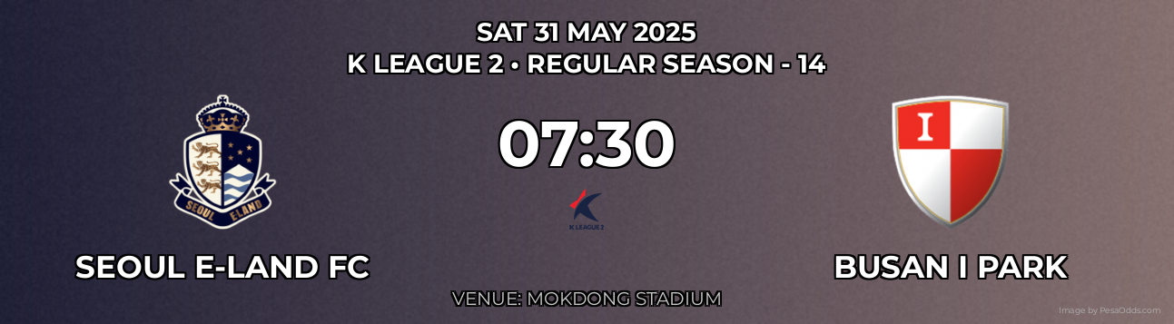 Seoul E-Land FC vs Busan I Park Prediction match poster for K League 2 fixture on SAT 31 MAY 2025