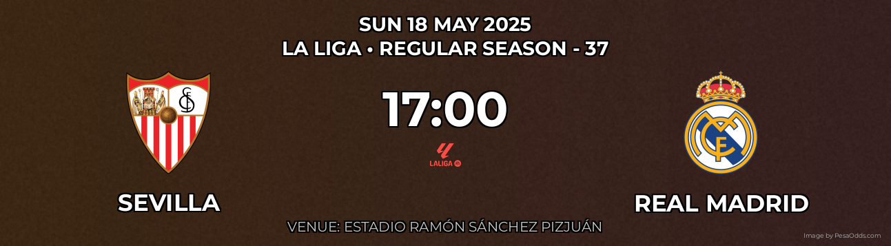 Sevilla vs Real Madrid Prediction match poster for La Liga fixture on SUN 18 MAY 2025