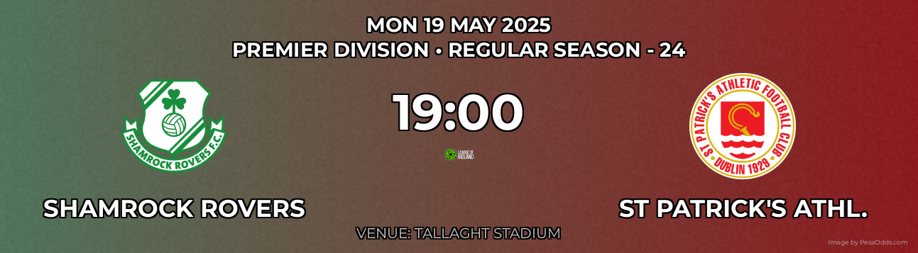 Shamrock Rovers vs St Patrick's Athl. Prediction match poster for Premier Division fixture on MON 19 MAY 2025