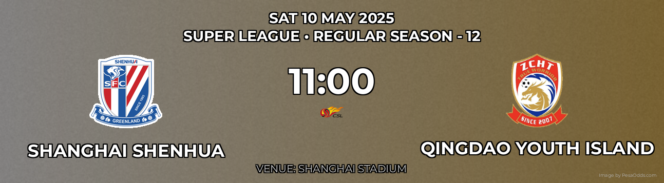 Shanghai Shenhua vs Qingdao Youth Island Prediction match poster for Super League fixture on SAT 10 MAY 2025