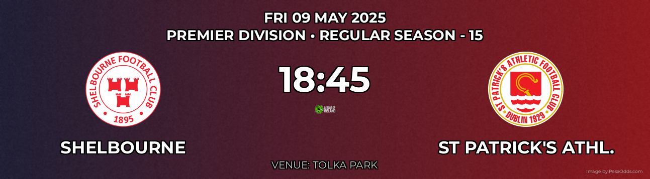 Shelbourne vs St Patrick's Athl. Prediction match poster for Premier Division fixture on FRI 09 MAY 2025