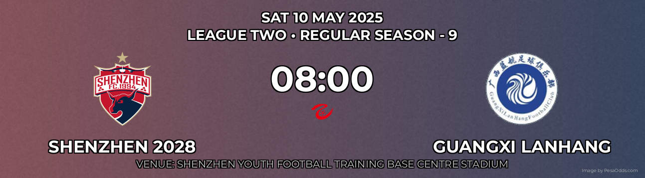 Shenzhen 2028 vs Guangxi Lanhang Prediction match poster for League Two fixture on SAT 10 MAY 2025