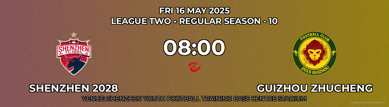 Shenzhen 2028 vs Guizhou Zhucheng Prediction match poster for League Two fixture on FRI 16 MAY 2025