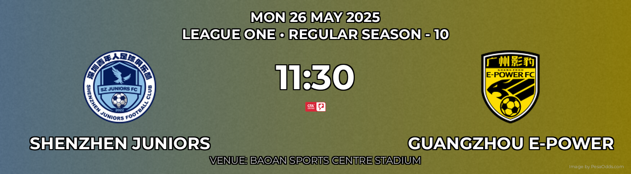 Shenzhen Juniors vs Guangzhou E-Power Prediction match poster for League One fixture on MON 26 MAY 2025