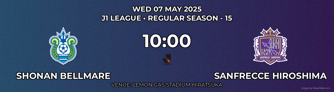 Shonan Bellmare vs Sanfrecce Hiroshima Prediction match poster for J1 League fixture on WED 07 MAY 2025