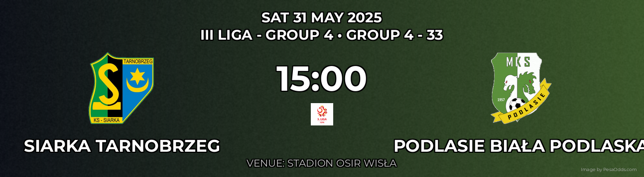 Siarka Tarnobrzeg vs Podlasie Biała Podlaska Prediction match poster for III Liga - Group 4 fixture on SAT 31 MAY 2025