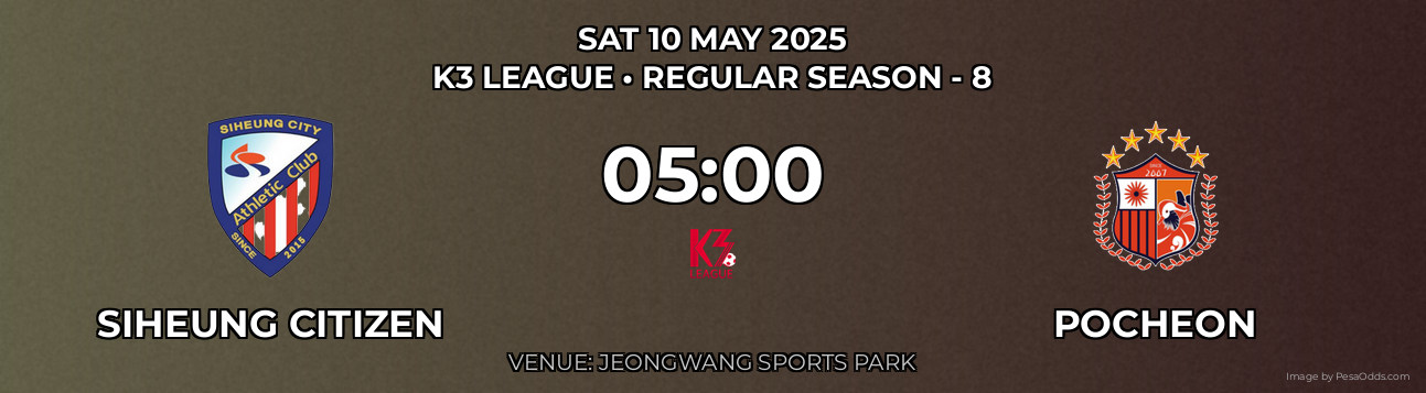Siheung Citizen vs Pocheon Prediction match poster for K3 League fixture on SAT 10 MAY 2025