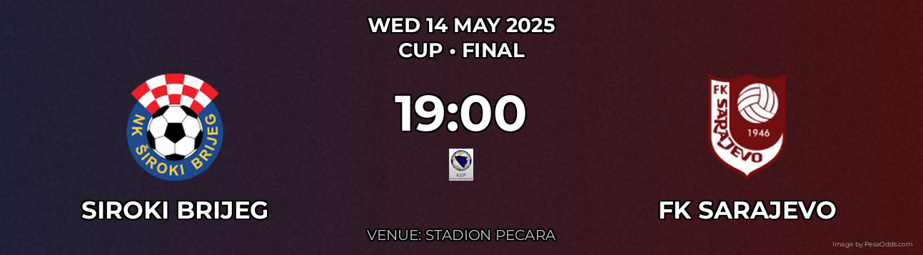 Siroki Brijeg vs FK Sarajevo Prediction match poster for Cup fixture on WED 14 MAY 2025