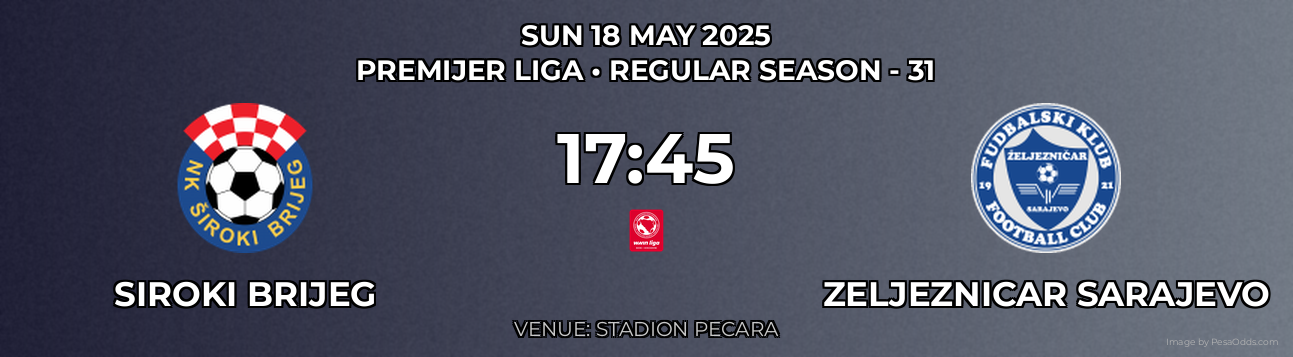 Siroki Brijeg vs Zeljeznicar Sarajevo Prediction match poster for Premijer Liga fixture on SUN 18 MAY 2025