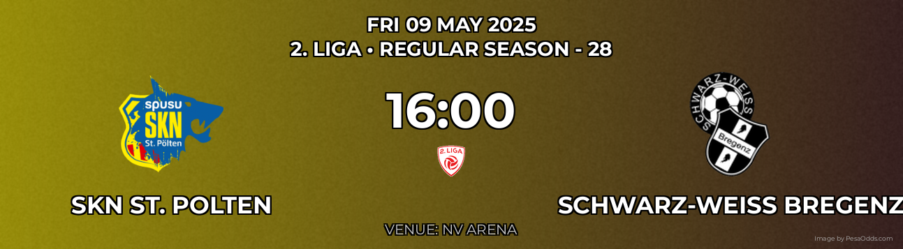 SKN ST. Polten vs Schwarz-Weiß Bregenz Prediction match poster for 2. Liga fixture on FRI 09 MAY 2025