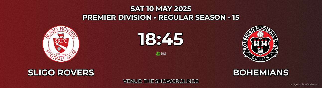 Sligo Rovers vs Bohemians Prediction match poster for Premier Division fixture on SAT 10 MAY 2025