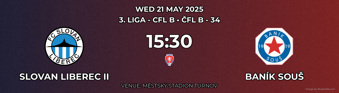 Slovan Liberec II vs Baník Souš Prediction match poster for 3. liga - CFL B fixture on WED 21 MAY 2025
