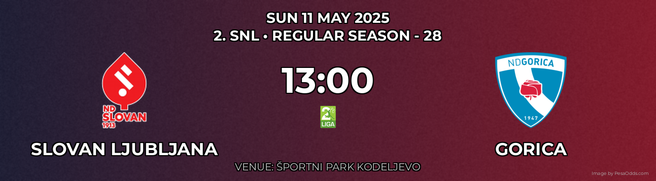Slovan Ljubljana vs Gorica Prediction match poster for 2. SNL fixture on SUN 11 MAY 2025