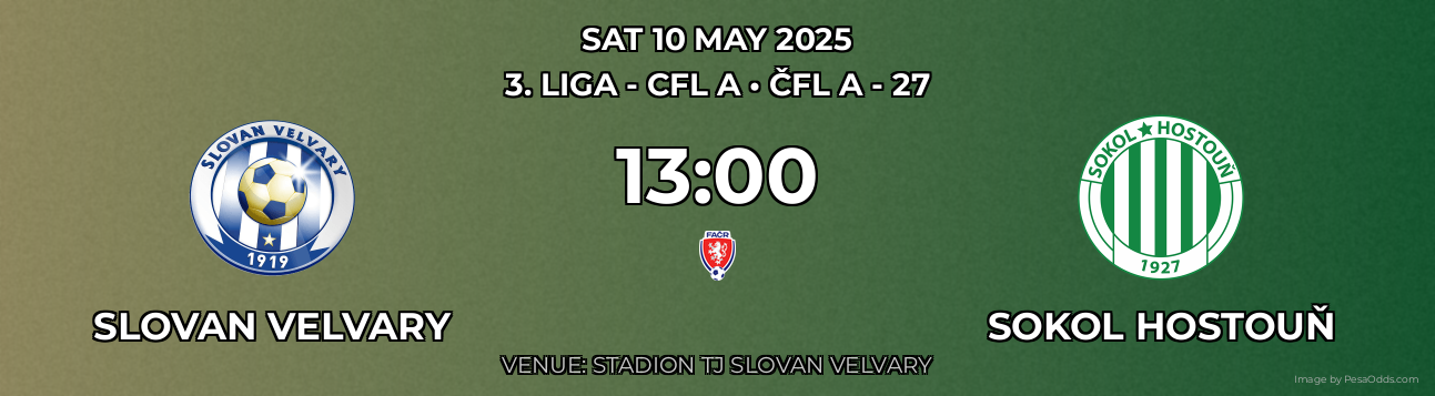 Slovan Velvary vs Sokol Hostouň Prediction match poster for 3. liga - CFL A fixture on SAT 10 MAY 2025