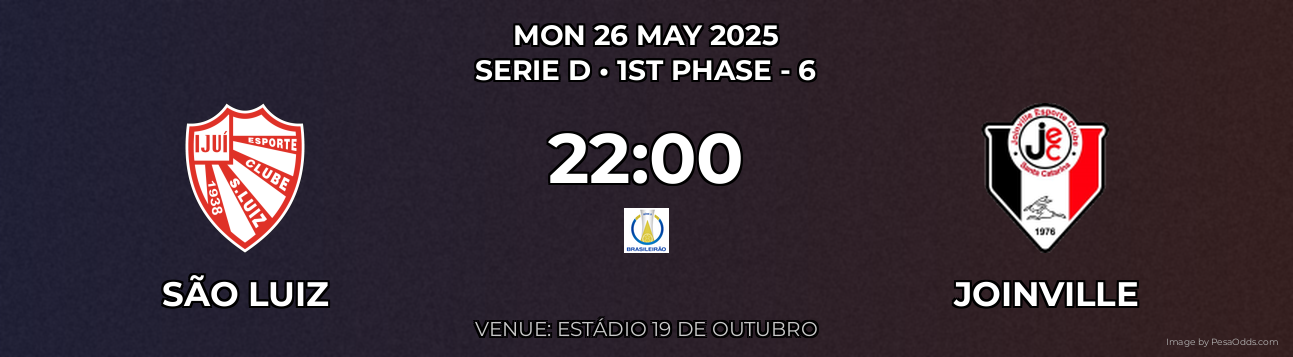 São Luiz vs Joinville Prediction match poster for Serie D fixture on MON 26 MAY 2025