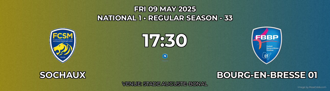 Sochaux vs Bourg-en-bresse 01 Prediction match poster for National 1 fixture on FRI 09 MAY 2025