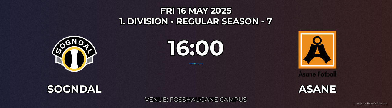 Sogndal vs Asane Prediction match poster for 1. Division fixture on FRI 16 MAY 2025
