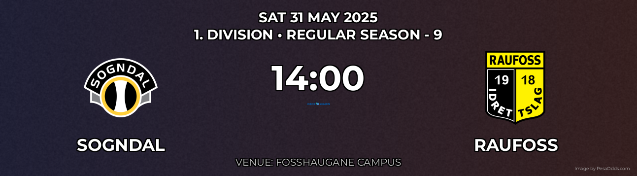Sogndal vs Raufoss Prediction match poster for 1. Division fixture on SAT 31 MAY 2025