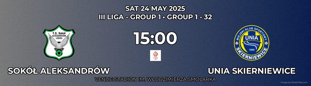 Sokół Aleksandrów vs Unia Skierniewice Prediction match poster for III Liga - Group 1 fixture on SAT 24 MAY 2025