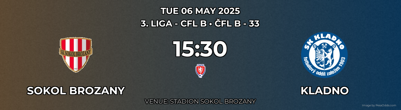Sokol Brozany vs Kladno Prediction match poster for 3. liga - CFL B fixture on TUE 06 MAY 2025