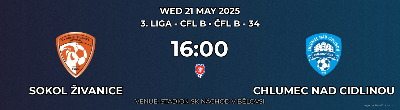 Sokol Živanice vs Chlumec nad Cidlinou Prediction match poster for 3. liga - CFL B fixture on WED 21 MAY 2025
