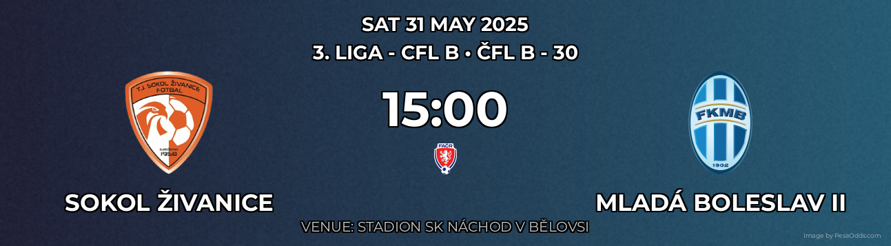 Sokol Živanice vs Mladá Boleslav II Prediction match poster for 3. liga - CFL B fixture on SAT 31 MAY 2025