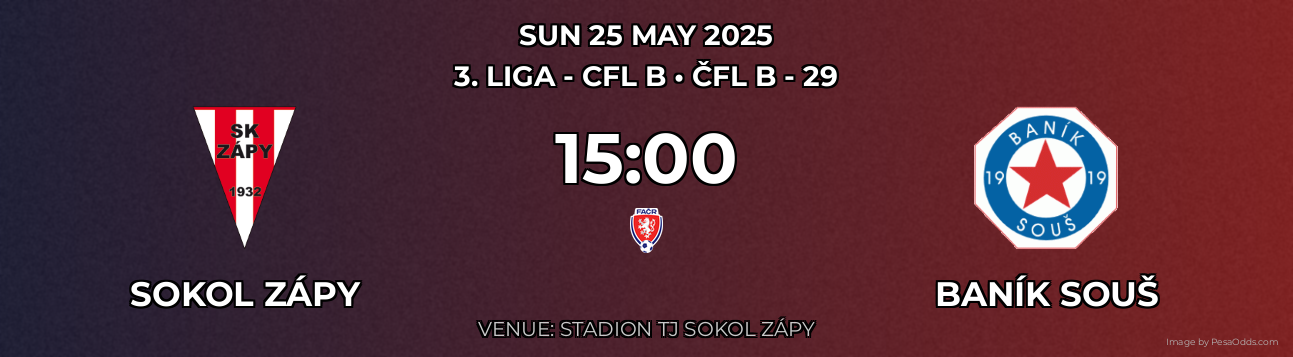 Sokol Zápy vs Baník Souš Prediction match poster for 3. liga - CFL B fixture on SUN 25 MAY 2025