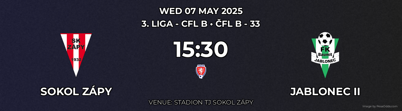 Sokol Zápy vs Jablonec II Prediction match poster for 3. liga - CFL B fixture on WED 07 MAY 2025