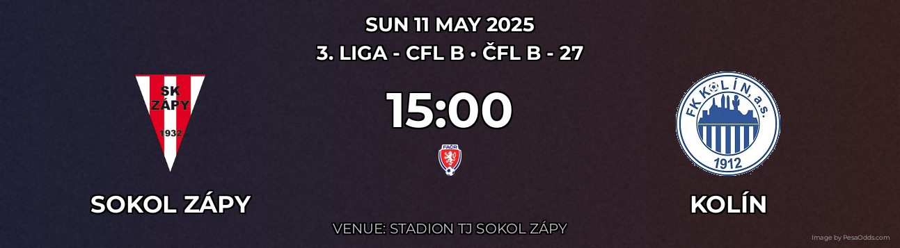 Sokol Zápy vs Kolín Prediction match poster for 3. liga - CFL B fixture on SUN 11 MAY 2025